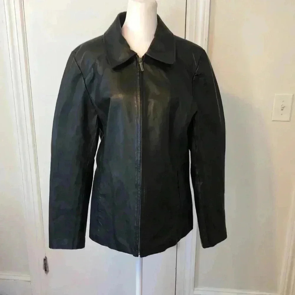 Worthington zippered leather jacket with open side pockets.